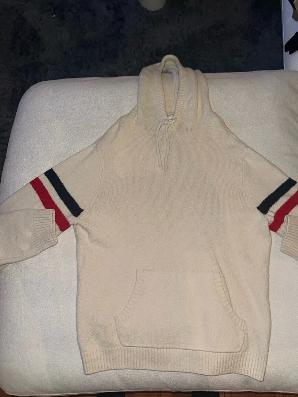 Old Navy Cream Hoodie Sweater with Red & Black Sleeve Stripes